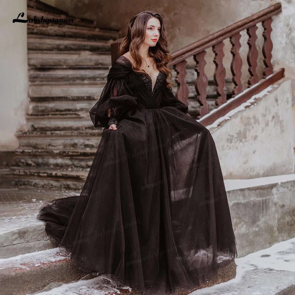 Gothic Bride Design Black Wedding Dresses Lace Long Sleeve – TANYA BRIDAL